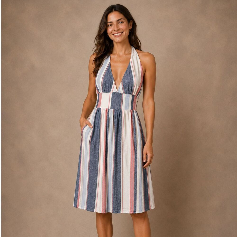 Indigo Rein Boho Striped Halter Midi Dress Open Beach Milk Maid Pockets Size L
